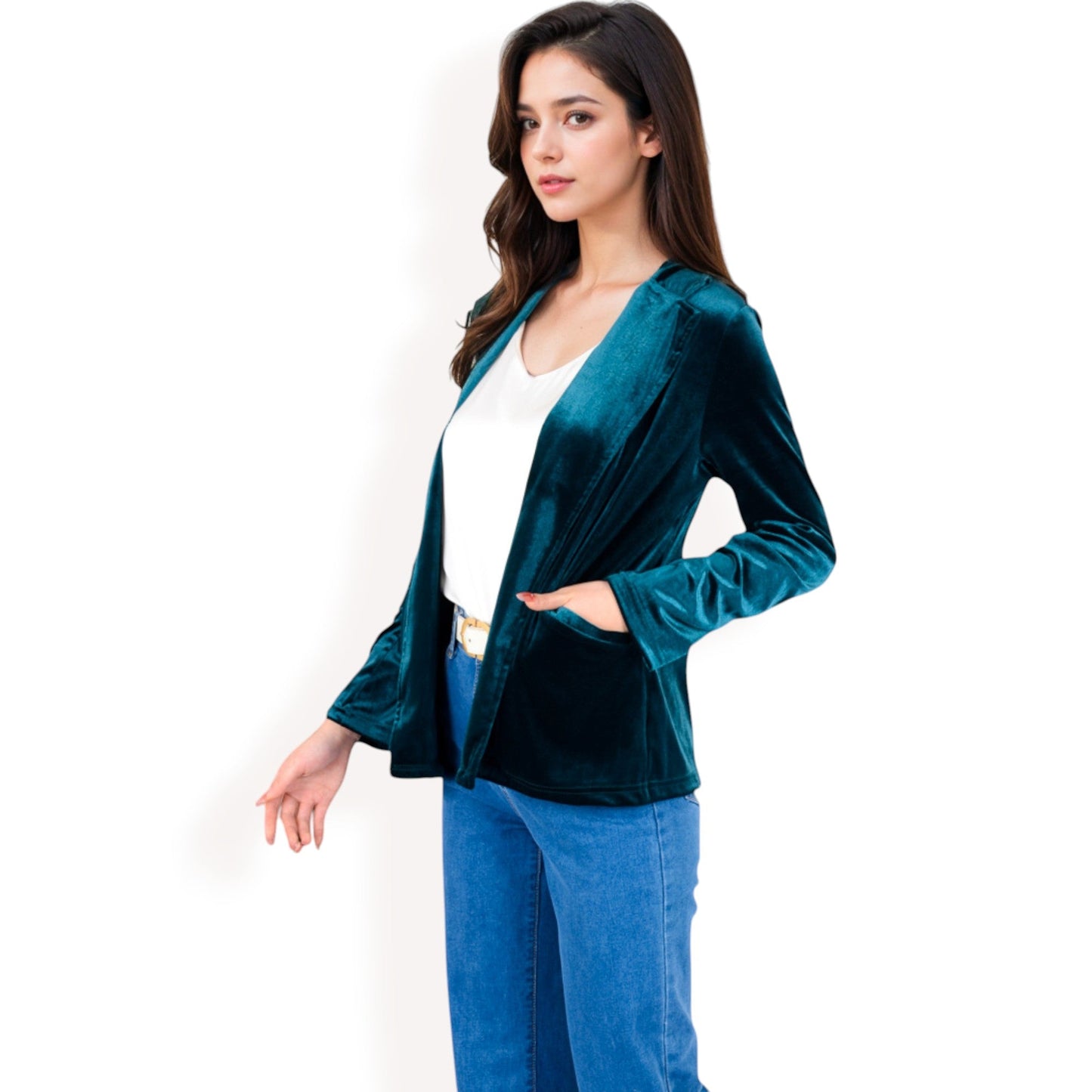 Velvet Blazer With Notch Collar And Front Pockets