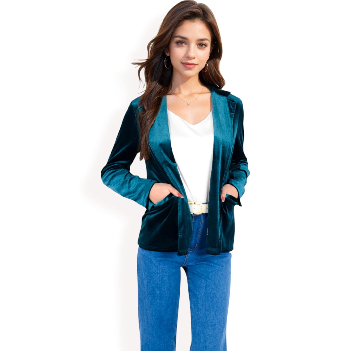 Velvet Blazer With Notch Collar And Front Pockets