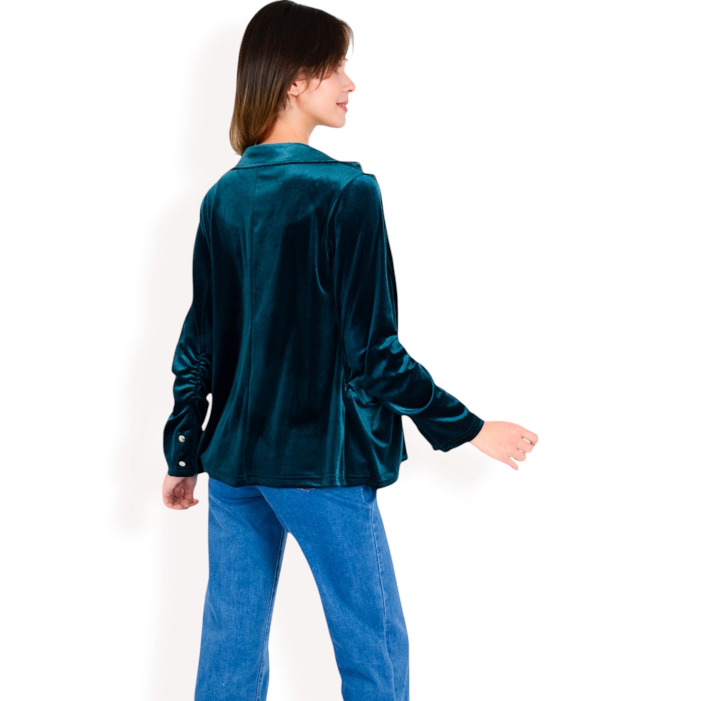 Velvet Blazer With Notch Collar And Front Pockets