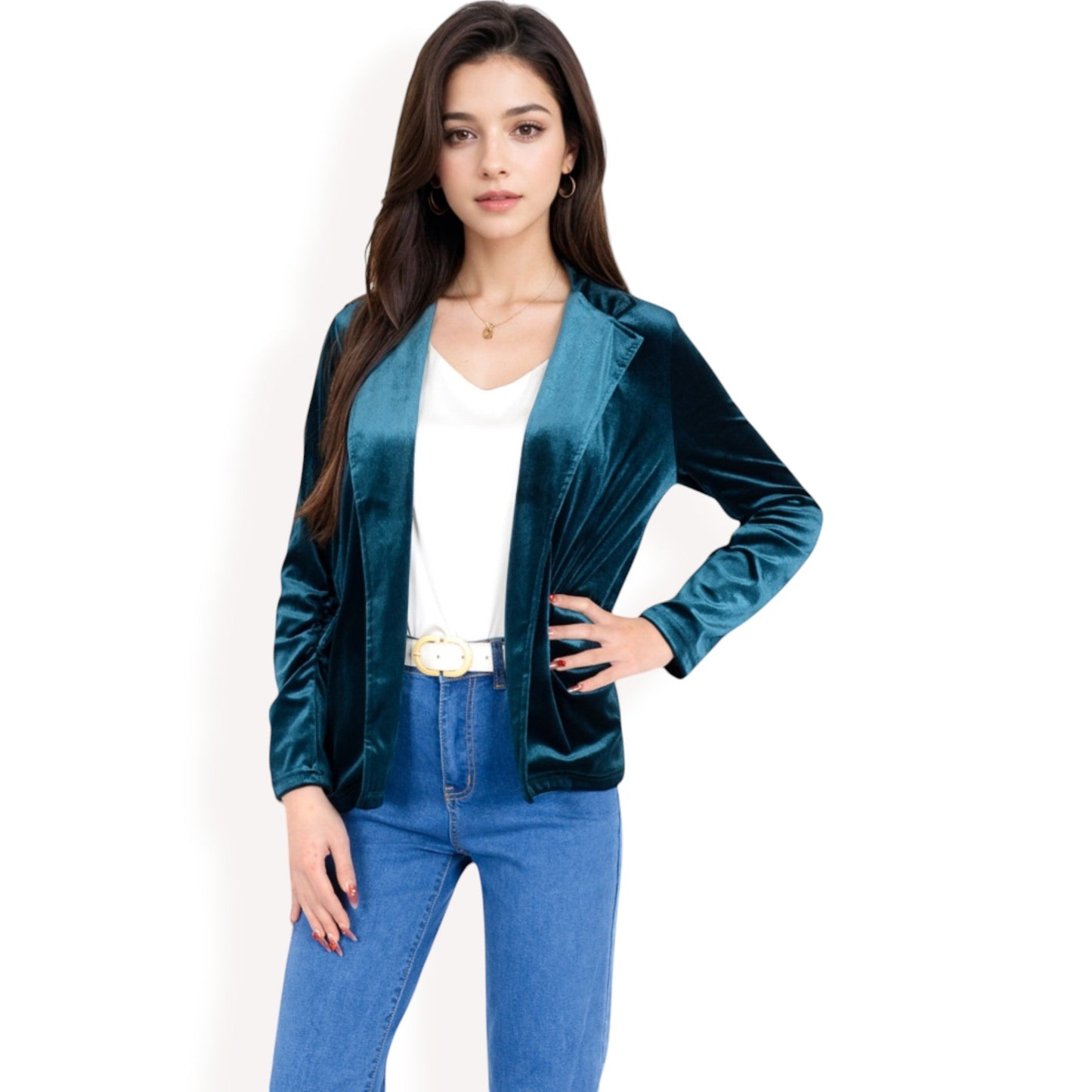 Velvet Blazer With Notch Collar And Front Pockets