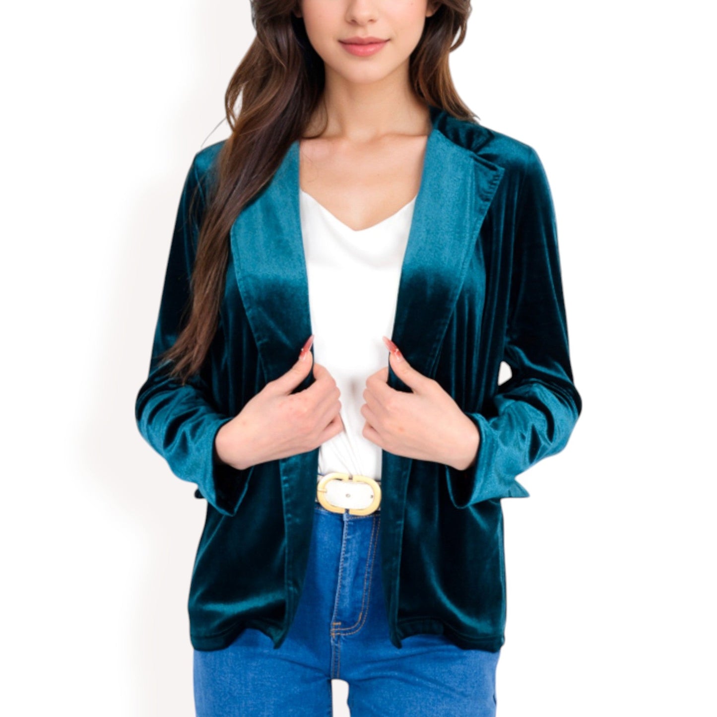Velvet Blazer With Notch Collar And Front Pockets