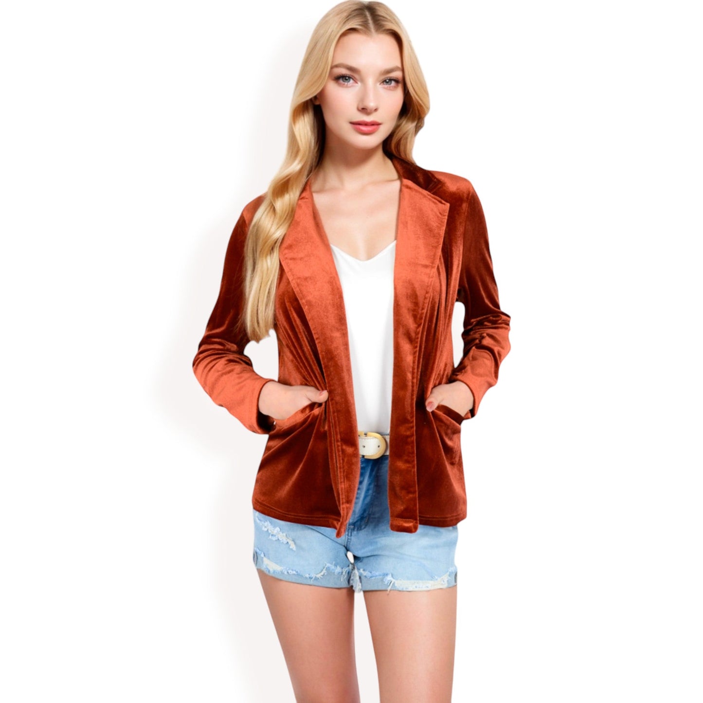 Velvet Blazer With Notch Collar And Front Pockets