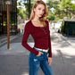 Long Sleeve Lace Detail Henley Top with Decorative Buttons