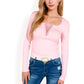 Long Sleeve Lace Detail Henley Top with Decorative Buttons
