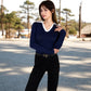 Long Sleeve V-Neck Shirt with Contrast Collar