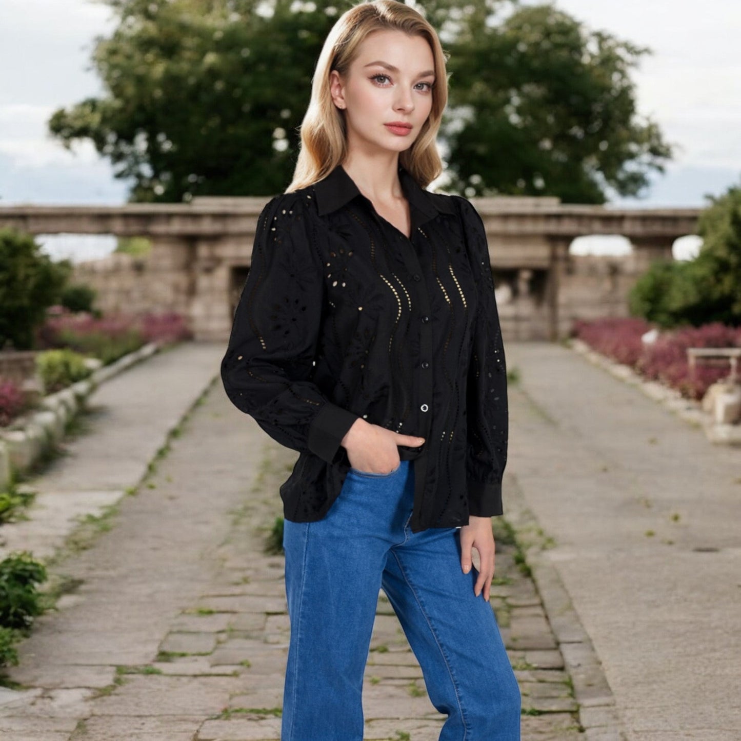 Embroidered Eyelet Long Sleeve Button-Up Blouse