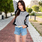 Striped Crew Neck Sweatshirt with Contrast Sleeves