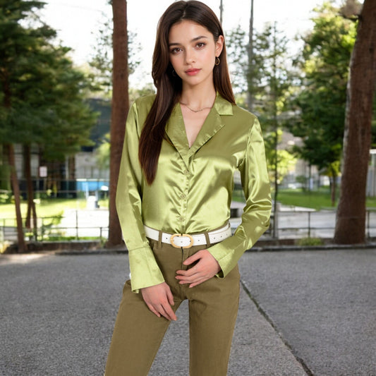Satin Button-Up Shirt with Collar and Flared Cuffs