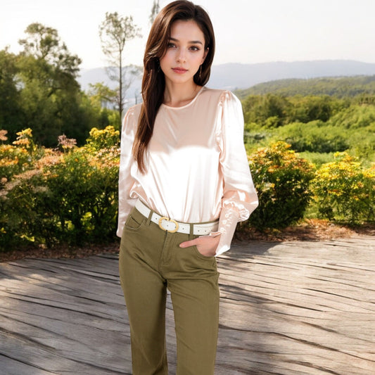 Satin Long Sleeve Blouse with Buttoned Cuffs and Subtle Puff Shoulders