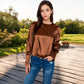 Satin Long Sleeve Blouse with Buttoned Cuffs and Subtle Puff Shoulders