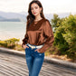 Satin Long Sleeve Blouse with Buttoned Cuffs and Subtle Puff Shoulders