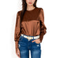 Satin Long Sleeve Blouse with Buttoned Cuffs and Subtle Puff Shoulders