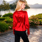 Satin Long Sleeve Blouse with Buttoned Cuffs and Subtle Puff Shoulders