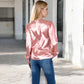 Satin Long Sleeve Blouse with Button Front and V-Neckline