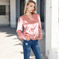 Satin Long Sleeve Blouse with Button Front and V-Neckline