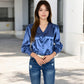 Satin Long Sleeve Blouse with Button Front and V-Neckline