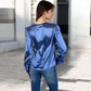Satin Long Sleeve Blouse with Button Front and V-Neckline