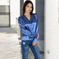 Satin Long Sleeve Blouse with Button Front and V-Neckline