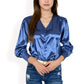 Satin Long Sleeve Blouse with Button Front and V-Neckline
