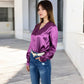Satin Long Sleeve Blouse with Button Front and V-Neckline