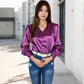 Satin Long Sleeve Blouse with Button Front and V-Neckline