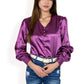Satin Long Sleeve Blouse with Button Front and V-Neckline