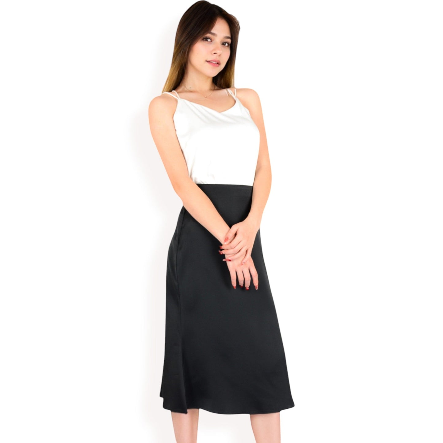 Satin Midi Skirt With A-Line Silhouette And Elastic Waistband