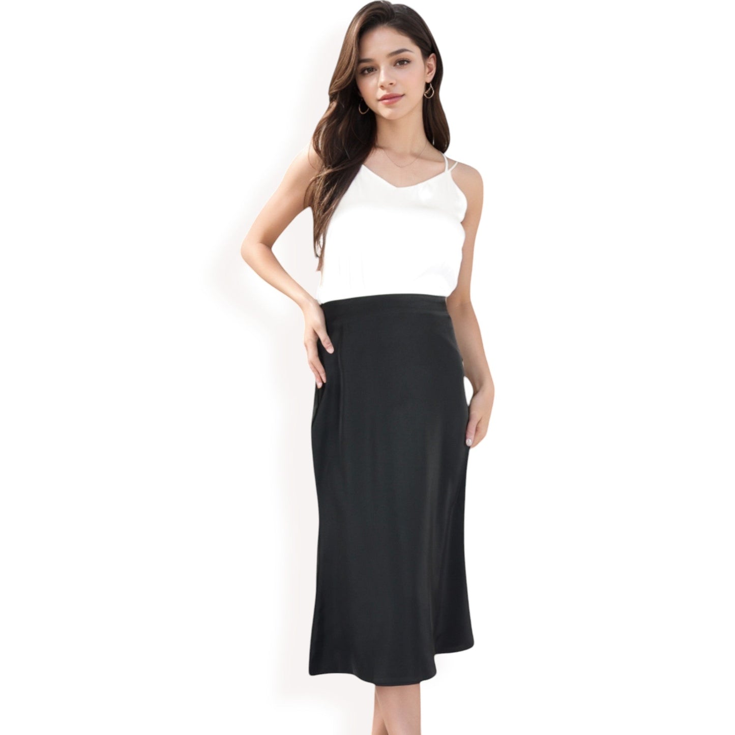Satin Midi Skirt With A-Line Silhouette And Elastic Waistband