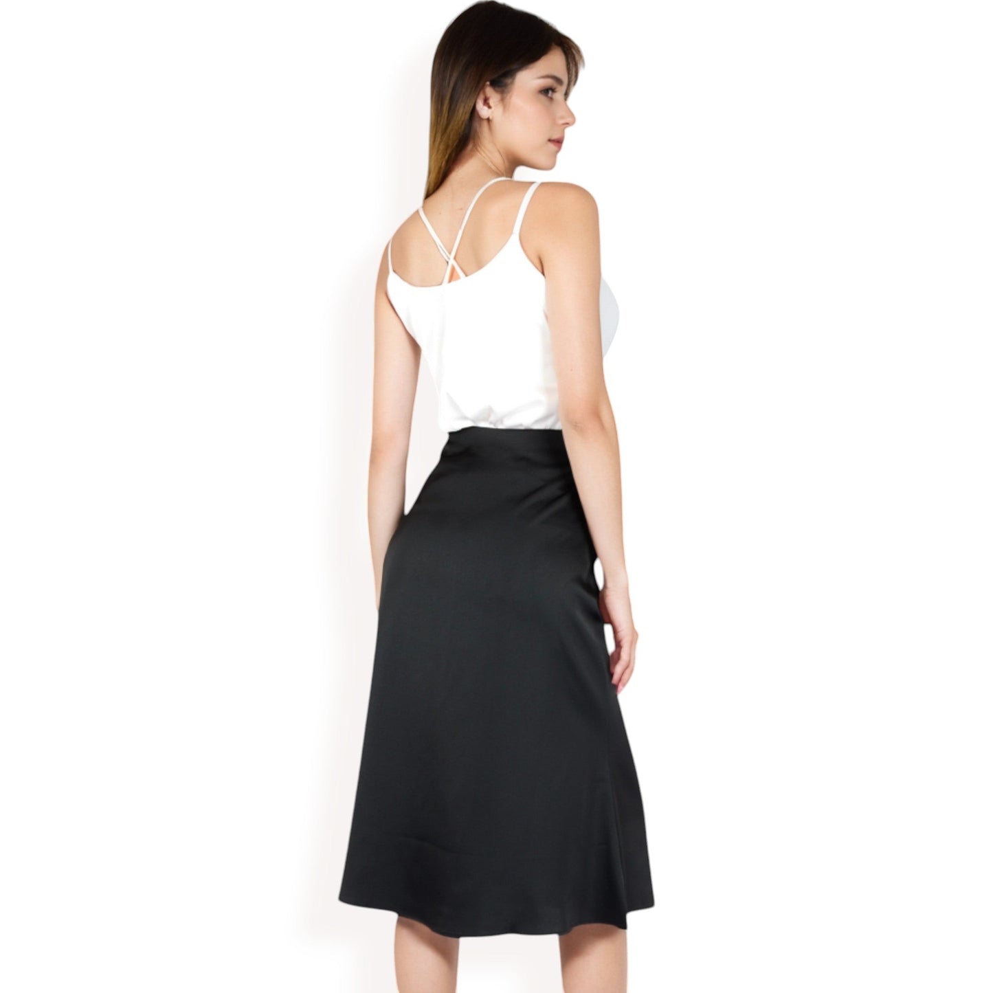 Satin Midi Skirt With A-Line Silhouette And Elastic Waistband