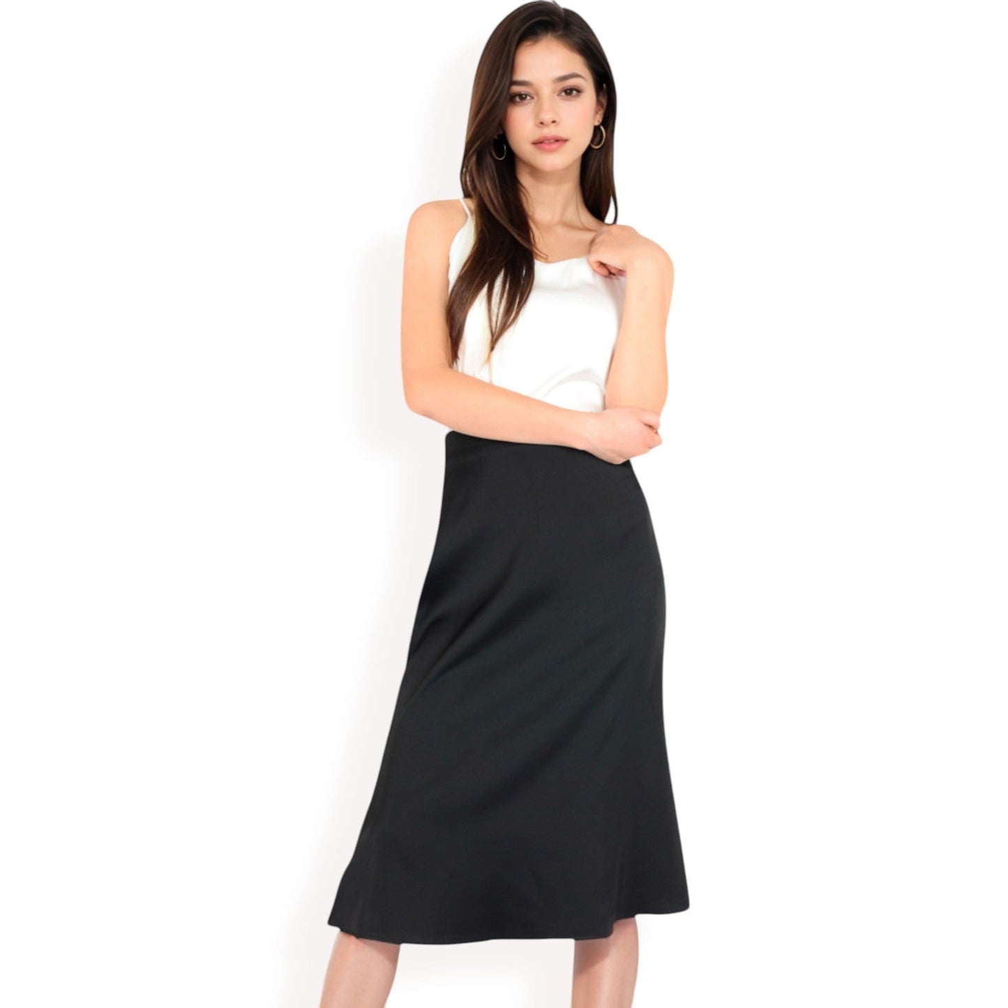 Satin Midi Skirt With A-Line Silhouette And Elastic Waistband