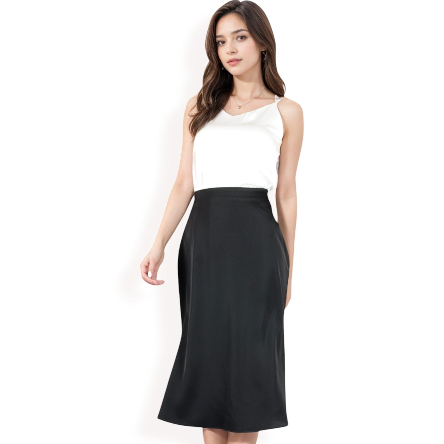 Satin Midi Skirt With A-Line Silhouette And Elastic Waistband