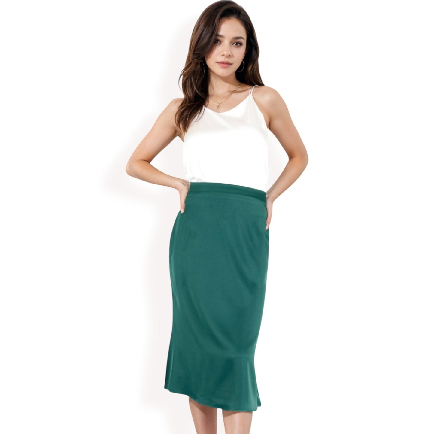 Satin Midi Skirt With A-Line Silhouette And Elastic Waistband