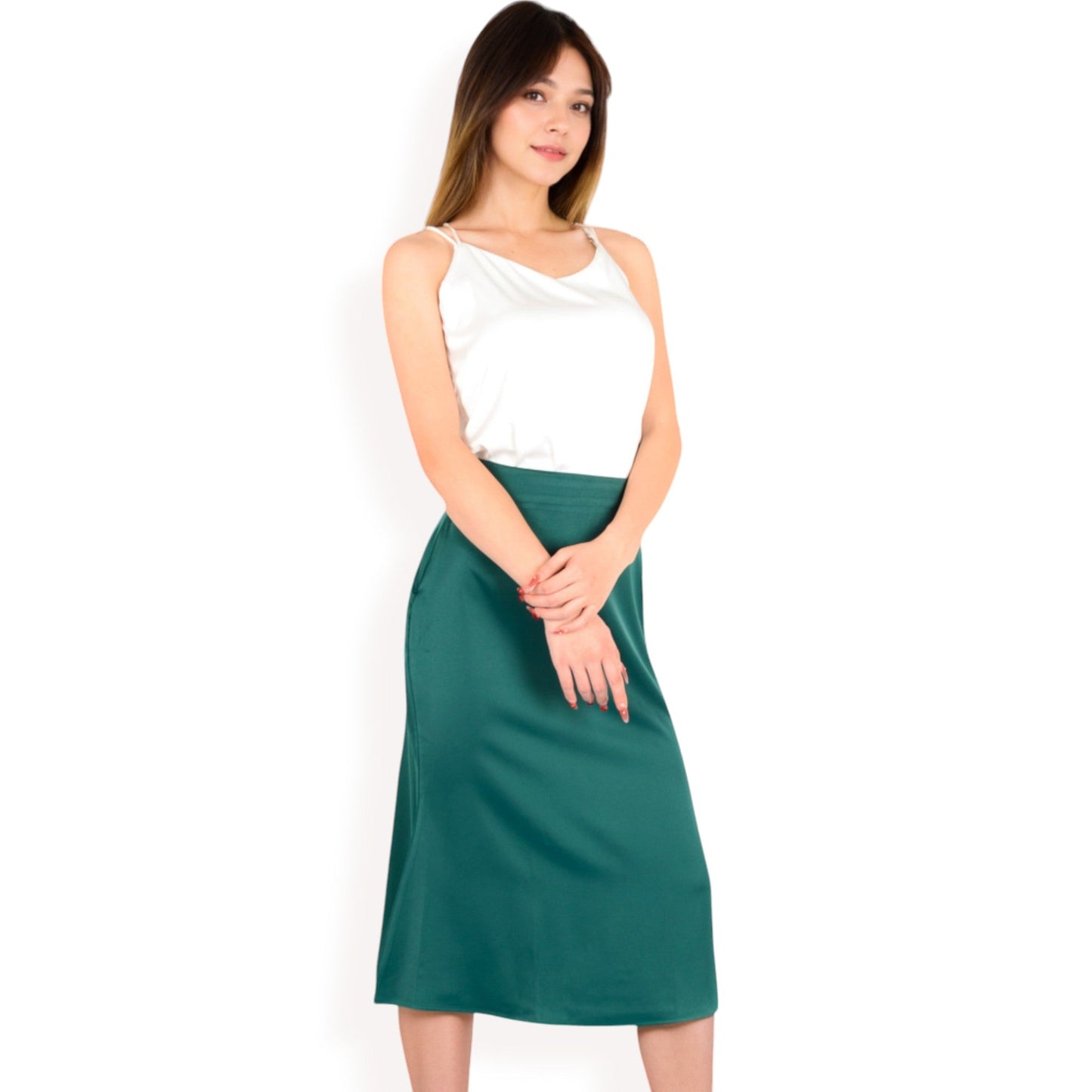 Satin Midi Skirt With A-Line Silhouette And Elastic Waistband