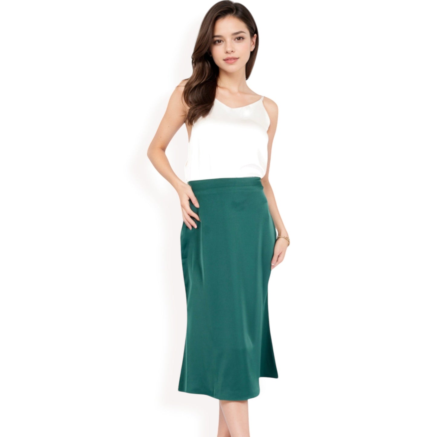 Satin Midi Skirt With A-Line Silhouette And Elastic Waistband