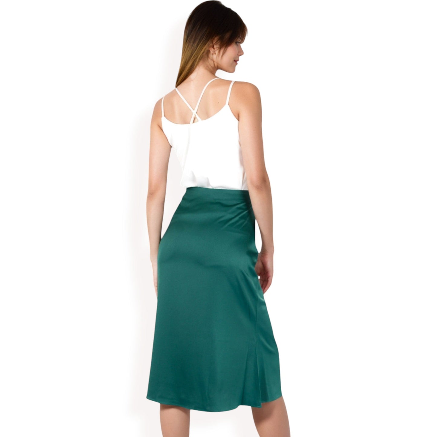 Satin Midi Skirt With A-Line Silhouette And Elastic Waistband