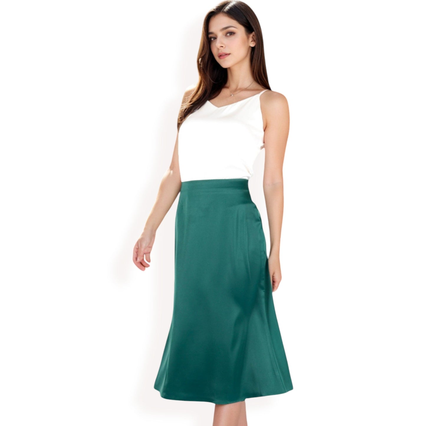 Satin Midi Skirt With A-Line Silhouette And Elastic Waistband