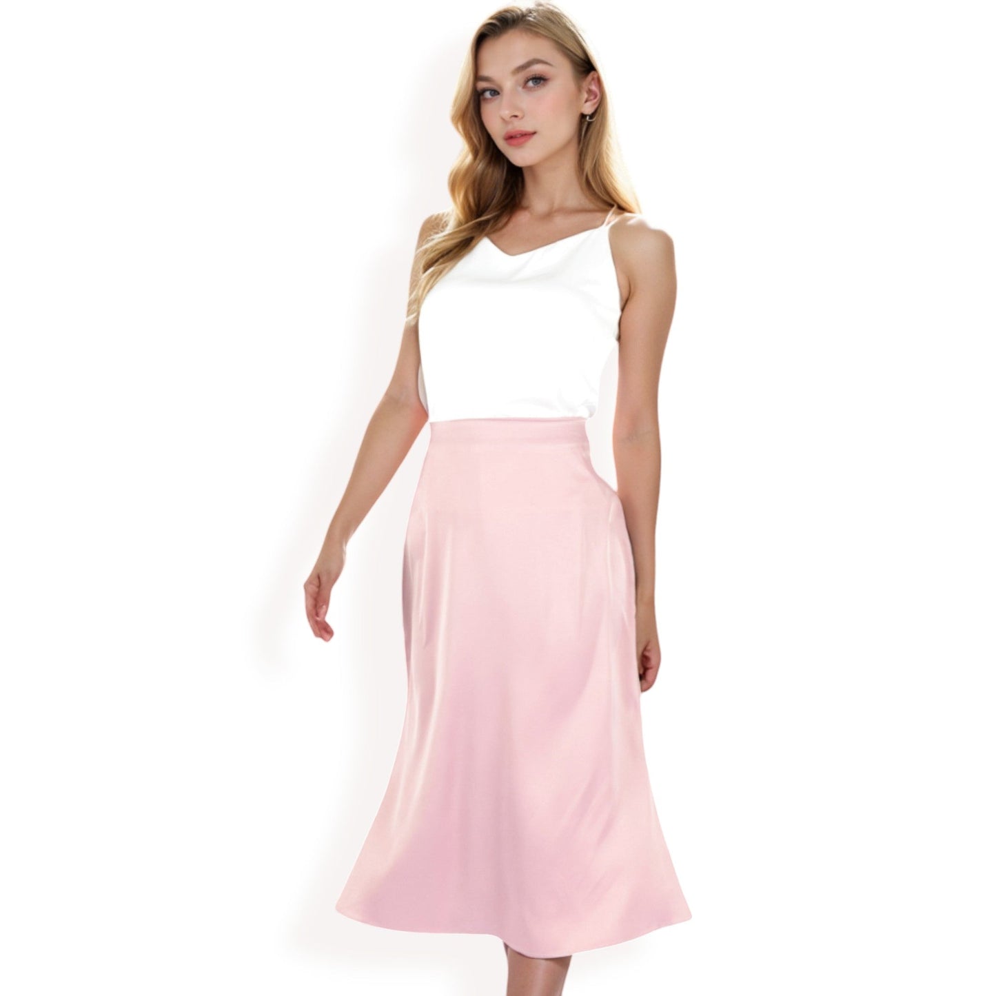 Satin Midi Skirt With A-Line Silhouette And Elastic Waistband