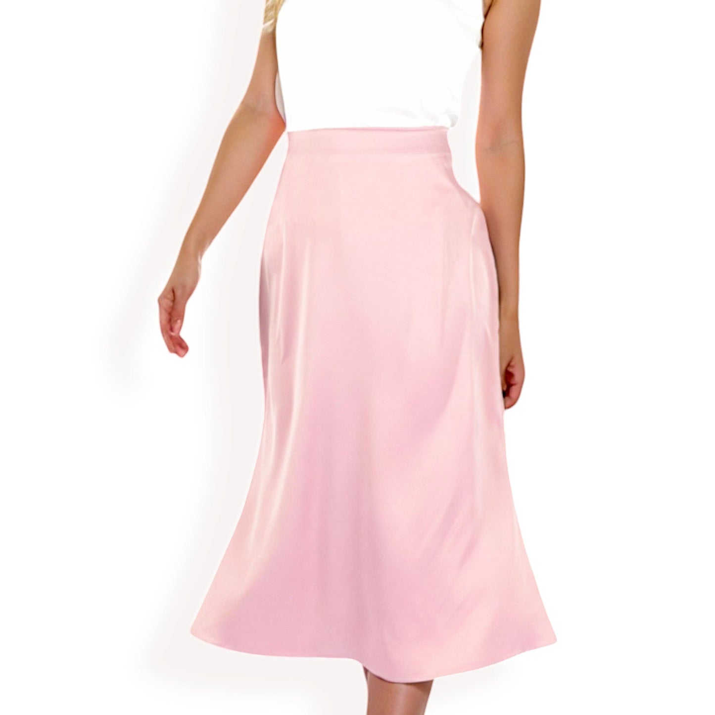 Satin Midi Skirt With A-Line Silhouette And Elastic Waistband
