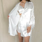 Satin 3-Piece Loungewear Set with Lace Trim Robe, Bralette, and Shorts