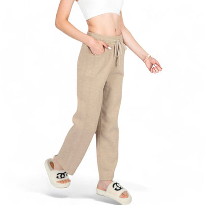 Women's Soft Knit Wide-Leg Pants with Elastic Waistband and Drawstring for Lounge and Casual Wear