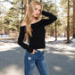 Women's Ribbed Off-the-Shoulder Long Sleeve Slim Fit Top in Soft Stretchy Midweight Fabric for a Chic Cropped Style