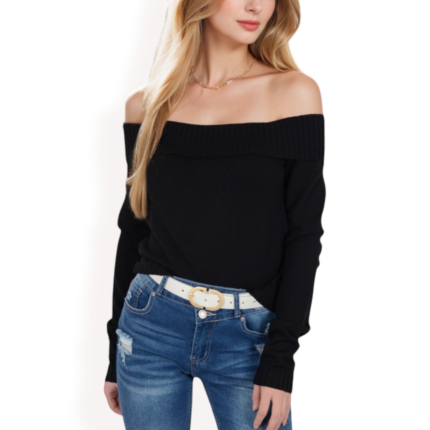 Women's Ribbed Off-the-Shoulder Long Sleeve Slim Fit Top in Soft Stretchy Midweight Fabric for a Chic Cropped Style