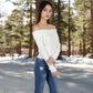 Women's Ribbed Off-the-Shoulder Long Sleeve Slim Fit Top in Soft Stretchy Midweight Fabric for a Chic Cropped Style