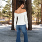 Women's Ribbed Off-the-Shoulder Long Sleeve Slim Fit Top in Soft Stretchy Midweight Fabric for a Chic Cropped Style