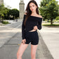 Women's Ribbed Off-the-Shoulder Long Sleeve Top and Sweater Knit Shorts Set with Drawstring Waist for Cozy Casual Style