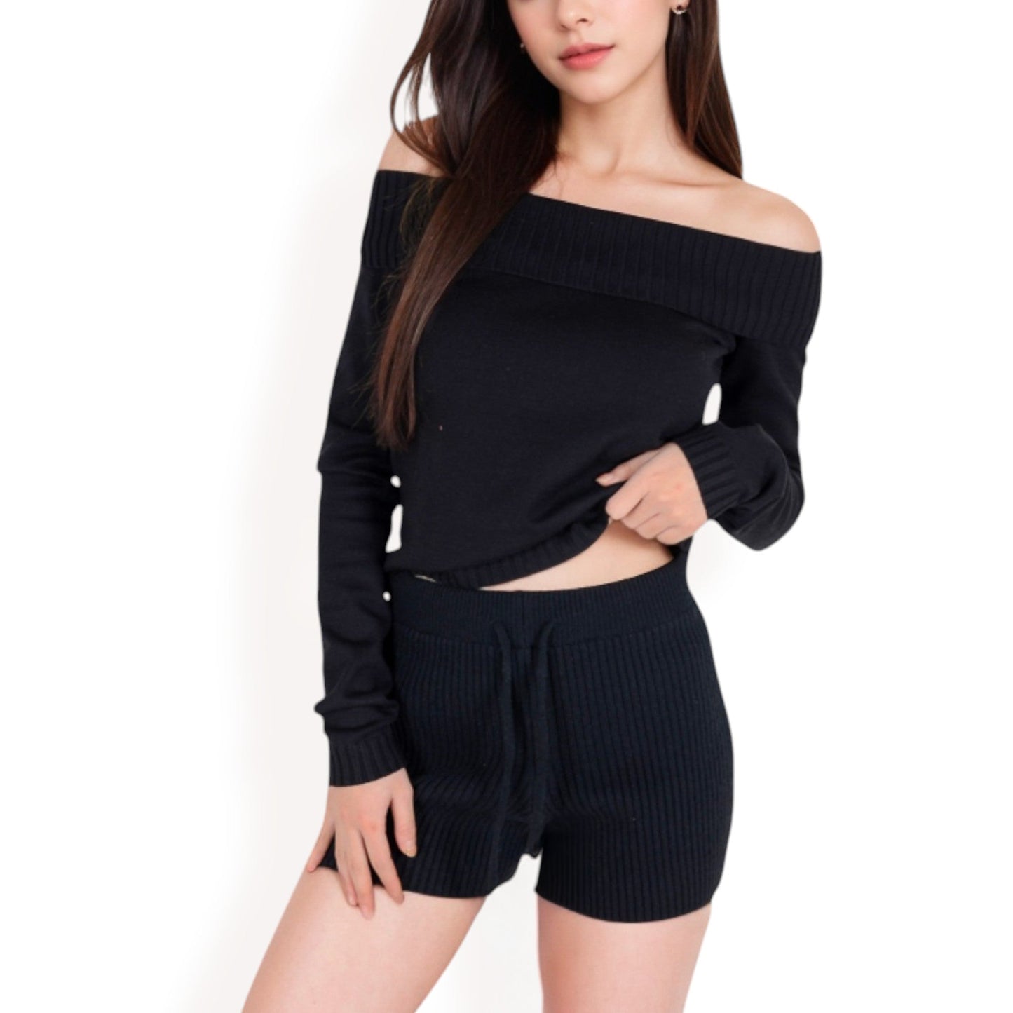 Women's Ribbed Off-the-Shoulder Long Sleeve Top and Sweater Knit Shorts Set with Drawstring Waist for Cozy Casual Style