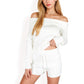 Women's Ribbed Off-the-Shoulder Long Sleeve Top and Sweater Knit Shorts Set with Drawstring Waist for Cozy Casual Style