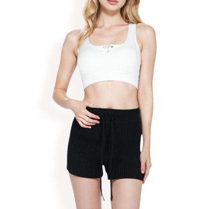 Women's Sweater Knit Shorts with Ribbed Cuffs and Front Drawstring Closure in Soft Midweight Fabric for Casual Comfort