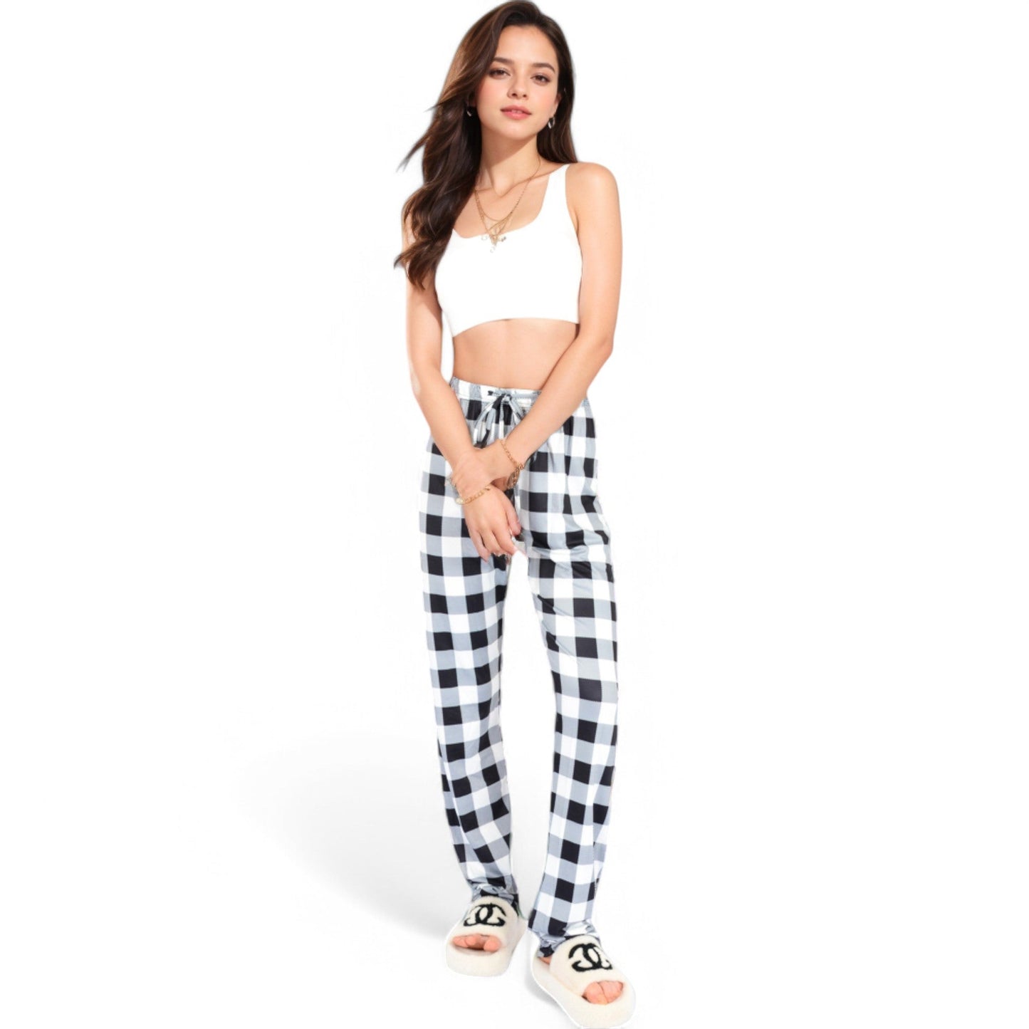 Plaid Flannel Lounge Pants with Elastic Waistband and Adjustable Drawstring