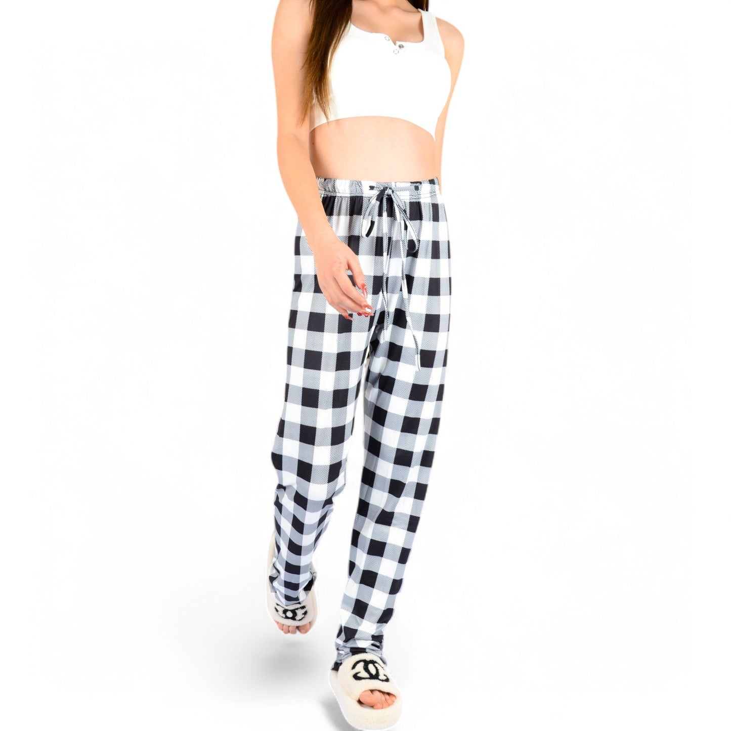 Plaid Flannel Lounge Pants with Elastic Waistband and Adjustable Drawstring